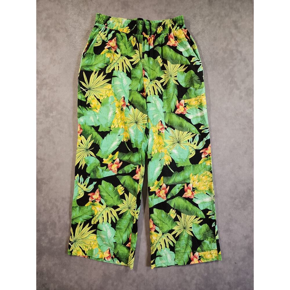 Nicole Miller Wide Leg Pants Womens Size Medium Green Tropical Floral Cropped